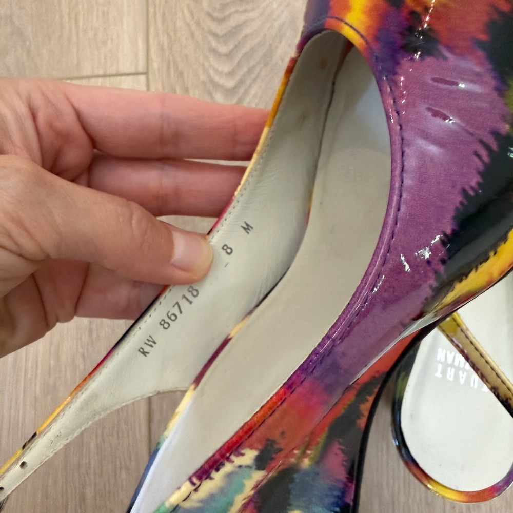 RARE Stuart Weitzman Multi-Color Ikat Patent Leather Peep Toe Wedge Sandals 8M - Picture 7 of 9